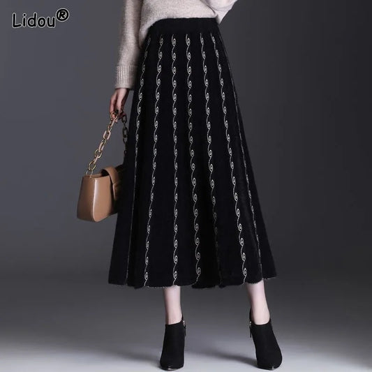 Big Hem Bright Decoration Knitting Empire Folds A-line Skirt Elegant Fashion Striped Ankle-length Autumn Winter Women&#39;s Clothing